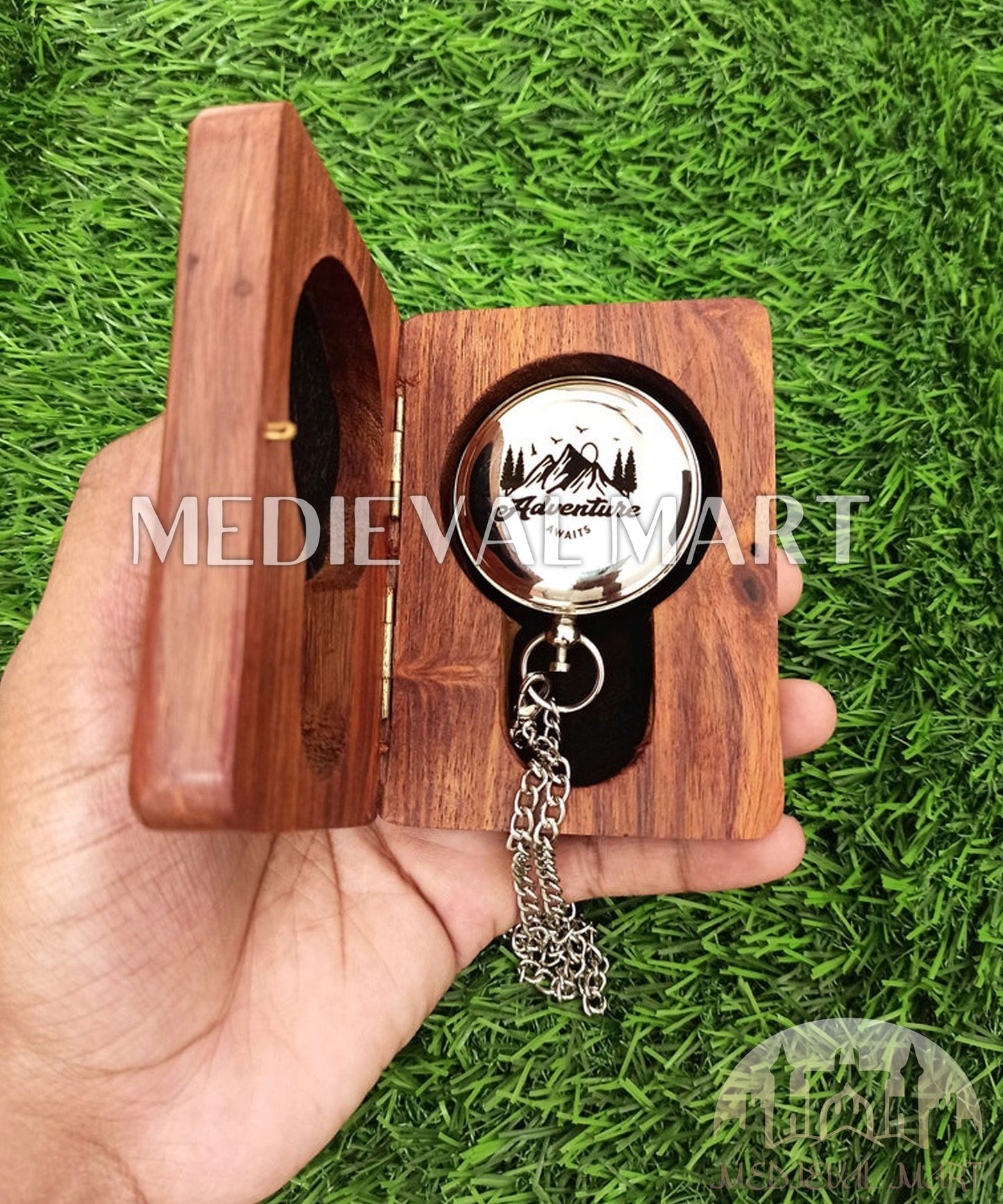 MEDIEVALMART Personalized Cute Pocket Compass Chrome Finish W/H GEN-2 Wooden Box | Gift For Her