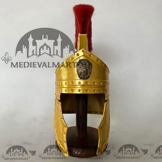 MEDIEVALMART Casque romain médiéval de centurion, finition jaune avec panache rouge ou support en bois offert