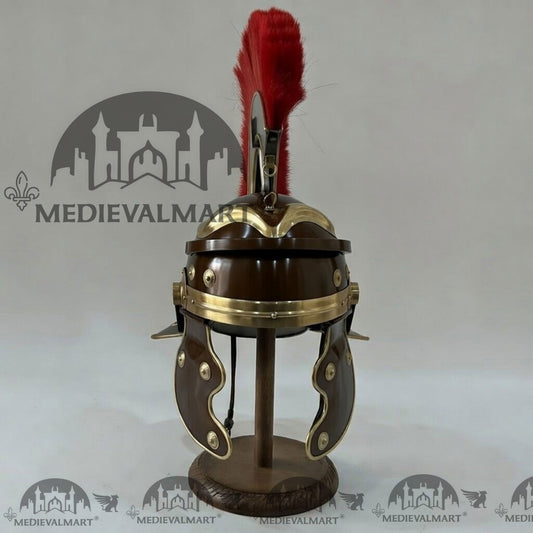MEDIEVALMART Réplique de Casque de Centurion Romain Gaulois Finition Marron Plume Rouge avec Support Offert