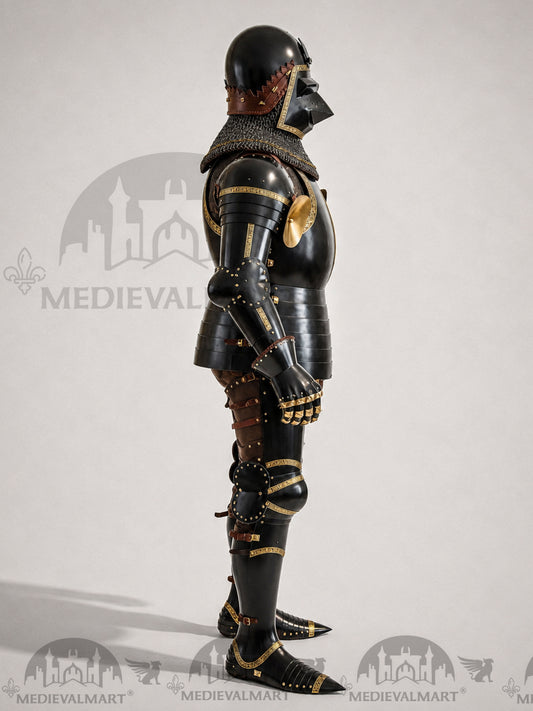 MEDIEVALMART Chevalier Garde Impériale Paladin Noir Armure Complète en Métal Décoration Noire et Laiton avec Heaume de Type "Tête de Chien"
