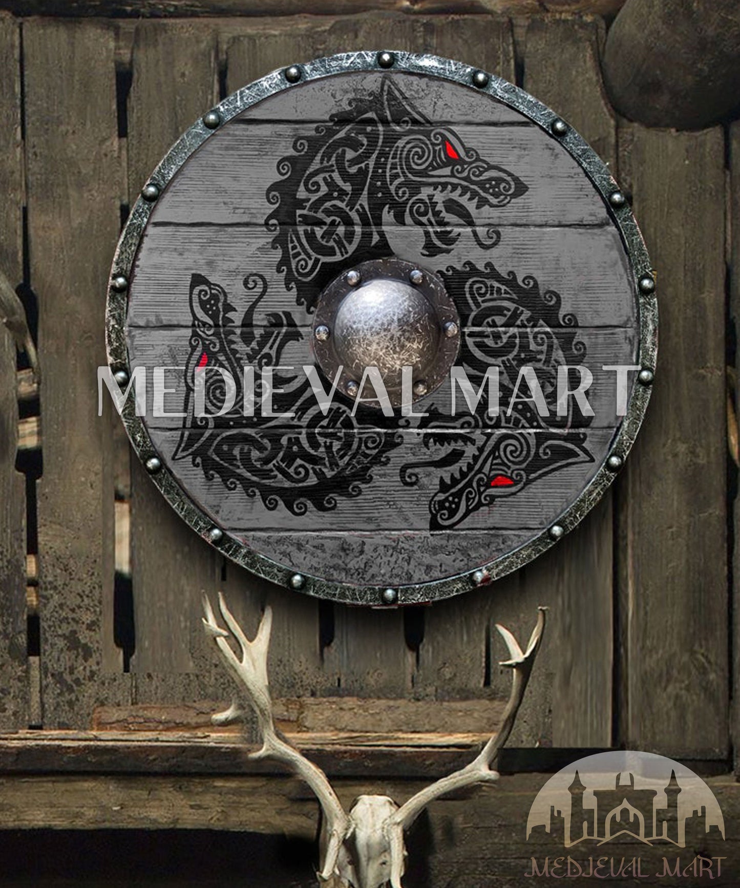 MEDIEVALMART Viking's Fenrir Gray Athena’s Authentic Battleworn Viking Wooden Shield | Gifts For Dad
