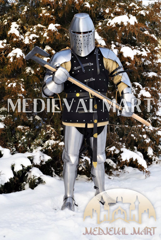 MEDIEVALMART European Sport Buhurt Combat Hardened Steel Suit of Full Body Costume W/H Viking Axe & Titanium Brigandine