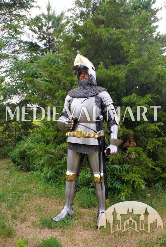MEDIEVALMART Historical Knight Full Body Steel Armor Suit W/H Hundsgugel Helmet, Cuirass Stop Rib or Brass Touch