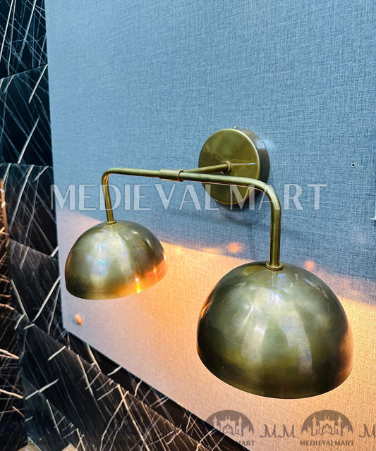 MEDIEVALMART 1950s Brass Double Dome Wall Sconce: Mid-Century Modern Industrial Light
