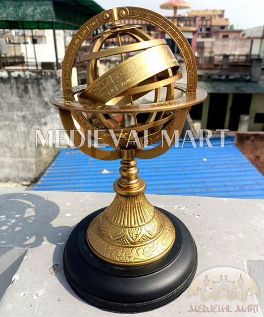 MEDIEVALMART Handmade Engraved Brass Armillary Sphere with Wooden Base – Nautical Globe Decor
