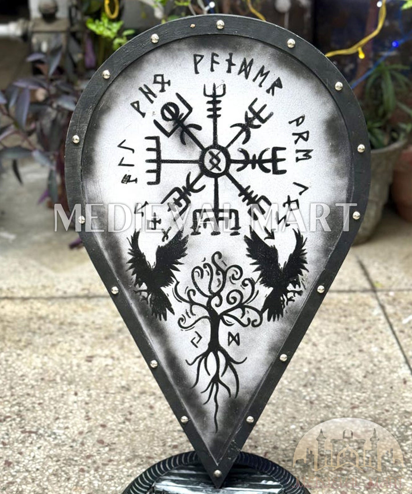 MEDIEVALMART Norse Vegvisir Viking Wooden Shield W/H Ravens & Yggdrasil | Gift for Dad