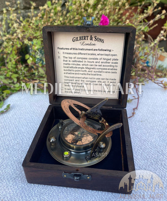 MEDIEVALMART “AstraDial” Antique Brass Sundial Compass (1885 Replica) W/H Dark “VintageVault” Case | Gifts For Mom & Dad