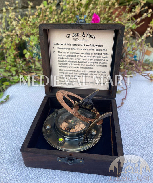 MEDIEVALMART “AstraDial” Antique Brass Sundial Compass (1885 Replica) W/H Dark “VintageVault” Case | Gifts For Mom & Dad