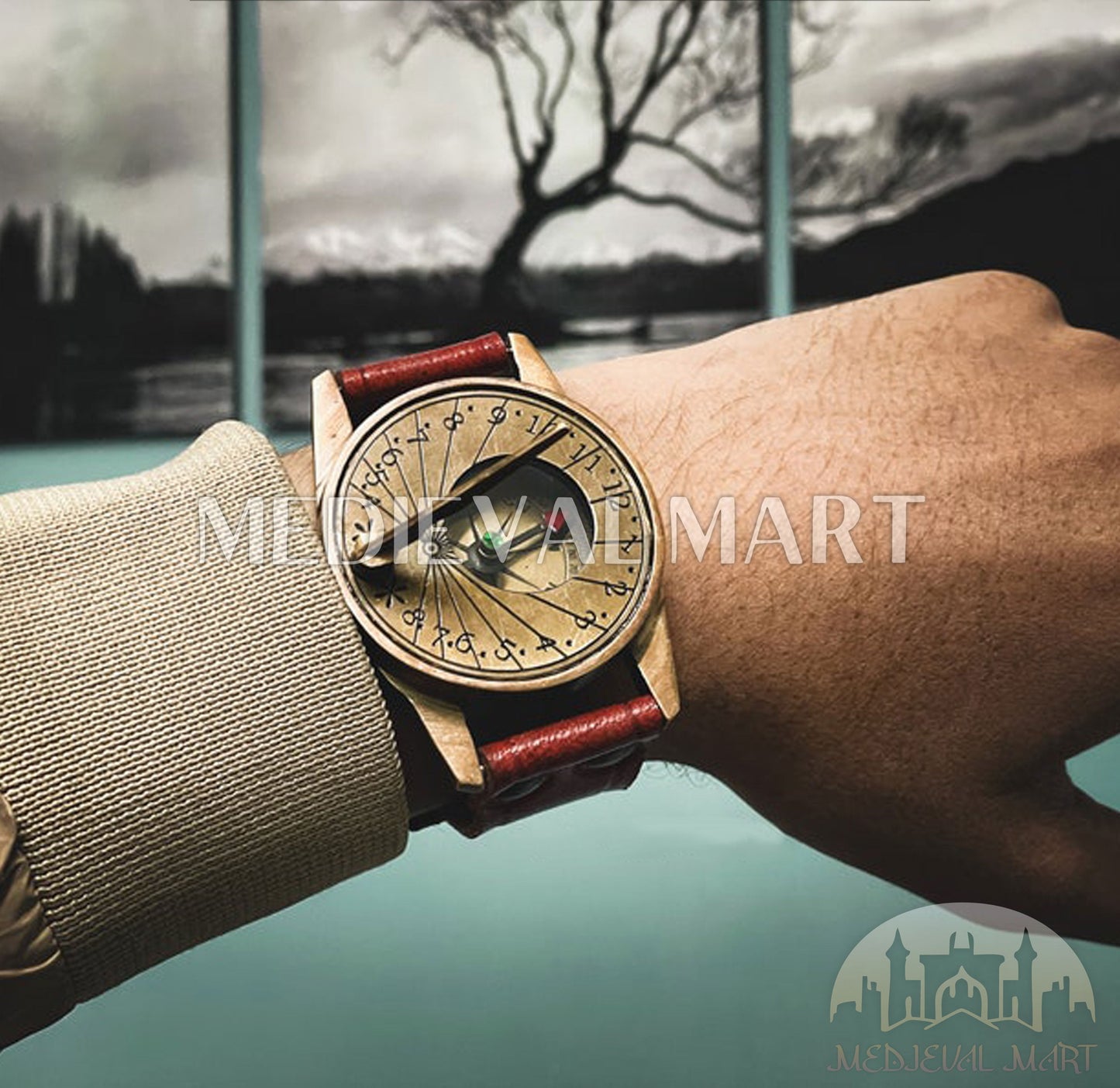 MEDIEVALMART Victorian Steampunk Brass Wrist Compass & Sundial Watch Gold Finish W/H Leather Strap | Gift For Him