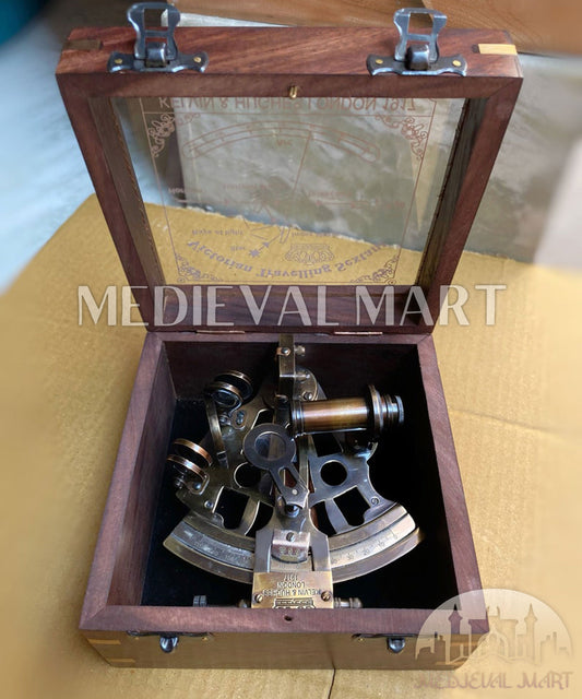 MEDIEVALMART Nautical Working Brass Kelvin Sextant W/H Transparent Wooden Case | Vintage Maritime Precision Astrolabe Ship Instrument, Christmas Gifts