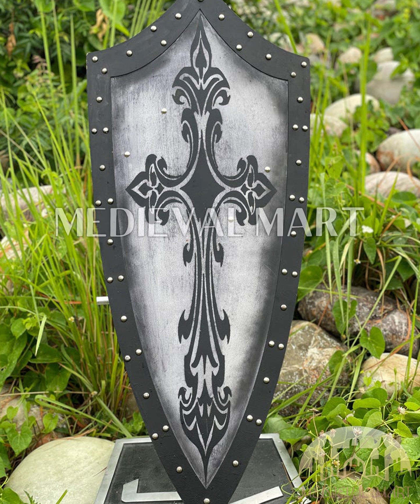 MEDIEVALMART Medieval Templar Spanian Cross Inspired Wooden Shield Black & Siver Finish | Gift for Christmas Day