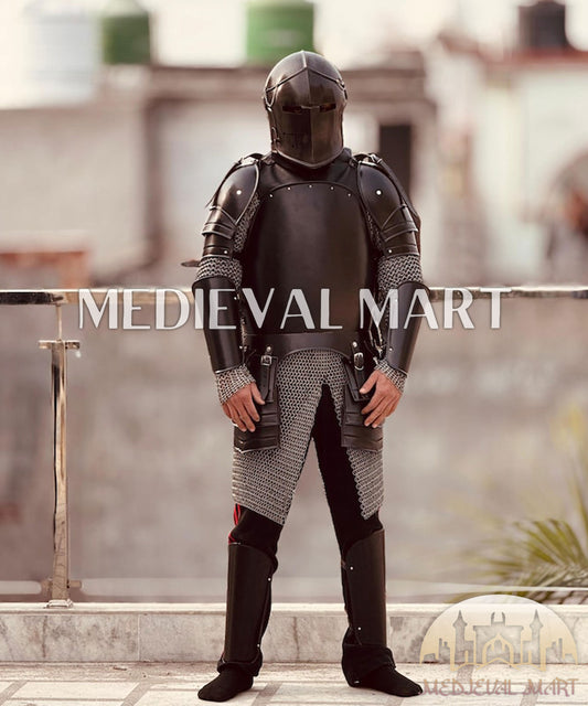 MEDIEVALMART Armure de chevalier Templier noir Barbute Dragon sombre médiéval
