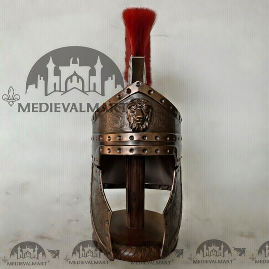 MEDIEVALMART Casque de centurion romain médiéval finition bronze antique avec panache rouge ou support en bois offert
