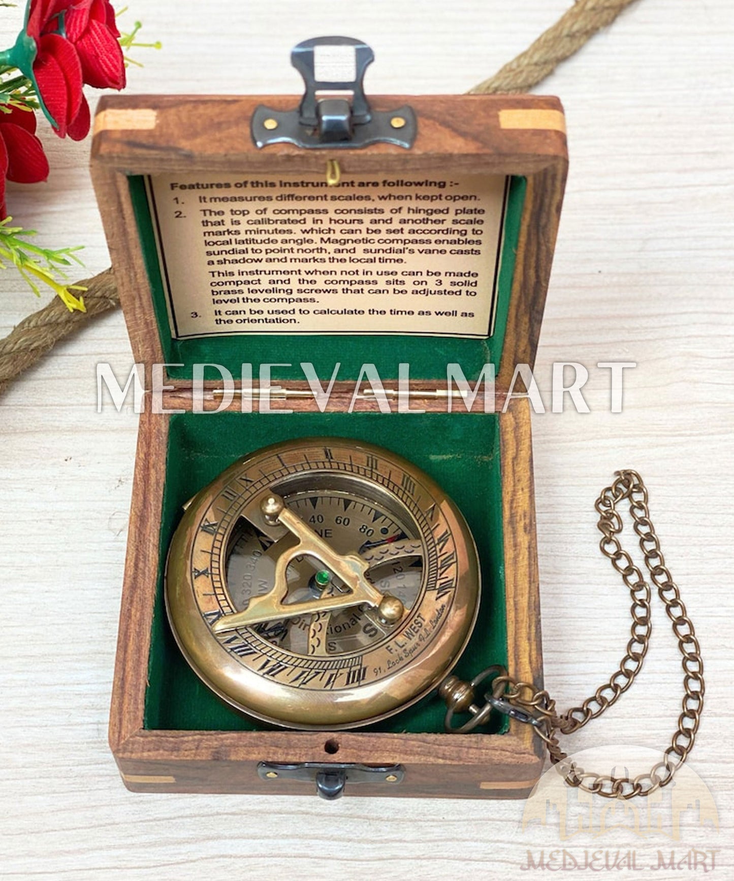 MEDIEVALMART Personalized Nautical Sundial Pocket Compass Antique Finish W/H Gen-1 Wooden Case | Gift For Mom