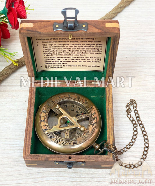 MEDIEVALMART Personalized Nautical Sundial Pocket Compass Antique Finish W/H Gen-1 Wooden Case | Gift For Mom