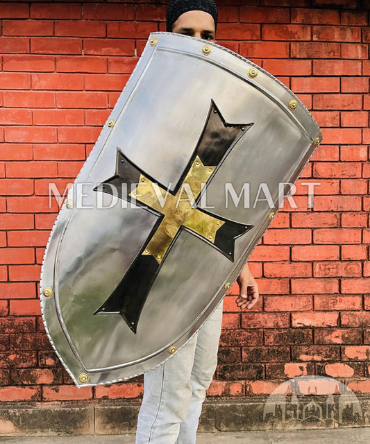 MEDIEVALMART Medieval Crusader Knight Templar Shield W/H Brass & Black Cross | Gift for Dad