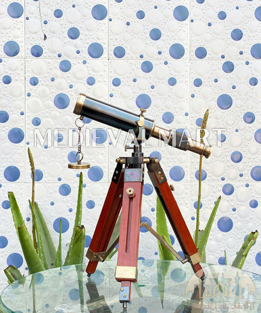 MEDIEVALMART Nautical Vintage Brass Telescope W/H Adjustable Wooden Tripod: Nautical Decor