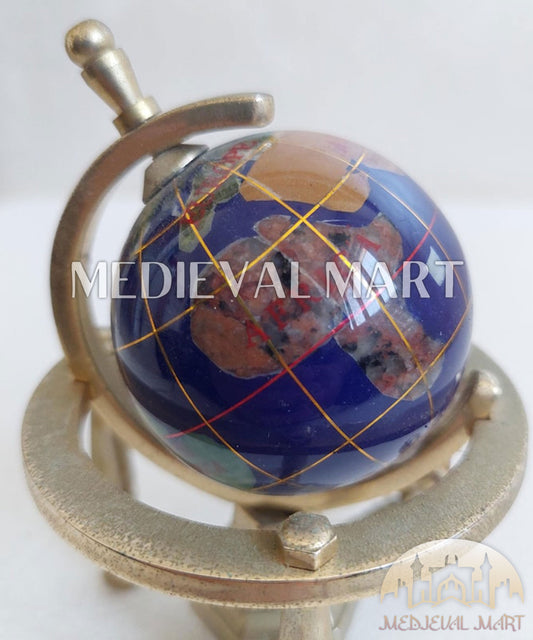 MEDIEVALMART Miniature Gemstone Globe with Brass Stand Vintage Desk Decor Lapis Lazuli Style