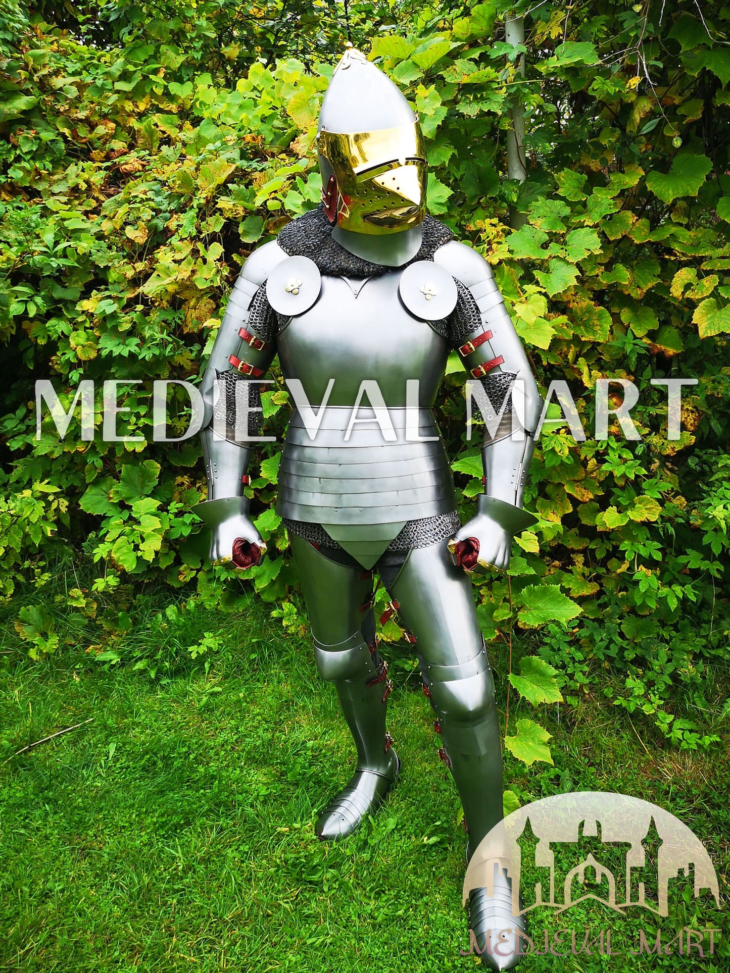 MEDIEVALMART 15th-Century English knight Warrior Gothic Plate Armor Costume W/H Gold Face Hounskull Helmet