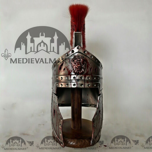 MEDIEVALMART Casque romain médiéval de centurion argenté endommagé avec finition sang et panache rouge ou support en bois gratuit