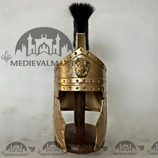 MEDIEVALMART Casque de centurion romain médiéval finition dorée avec panache noir ou support en bois gratuit