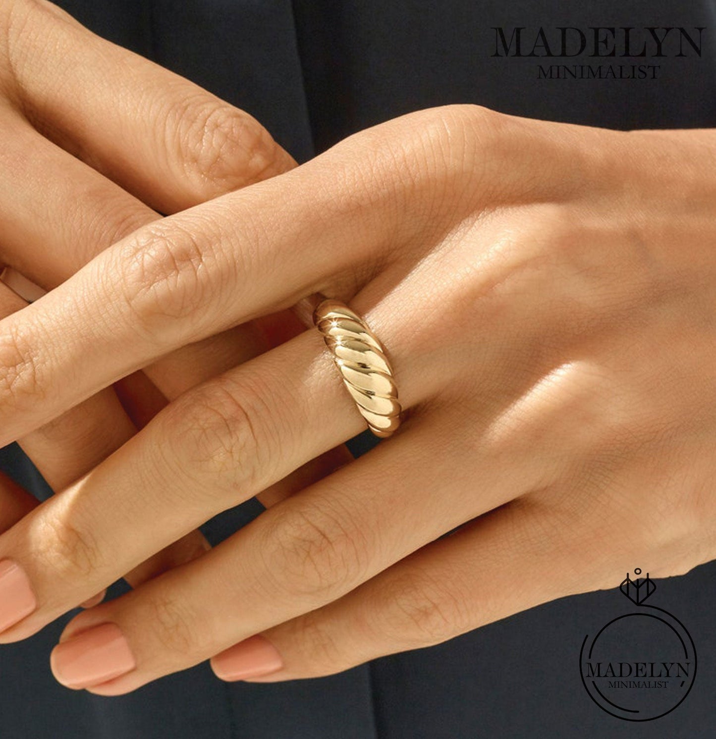 MADELYN MINIMALIST 14k Solid Gold Minimalist French Croissant Twisted Dome Ring | Gift for Mom