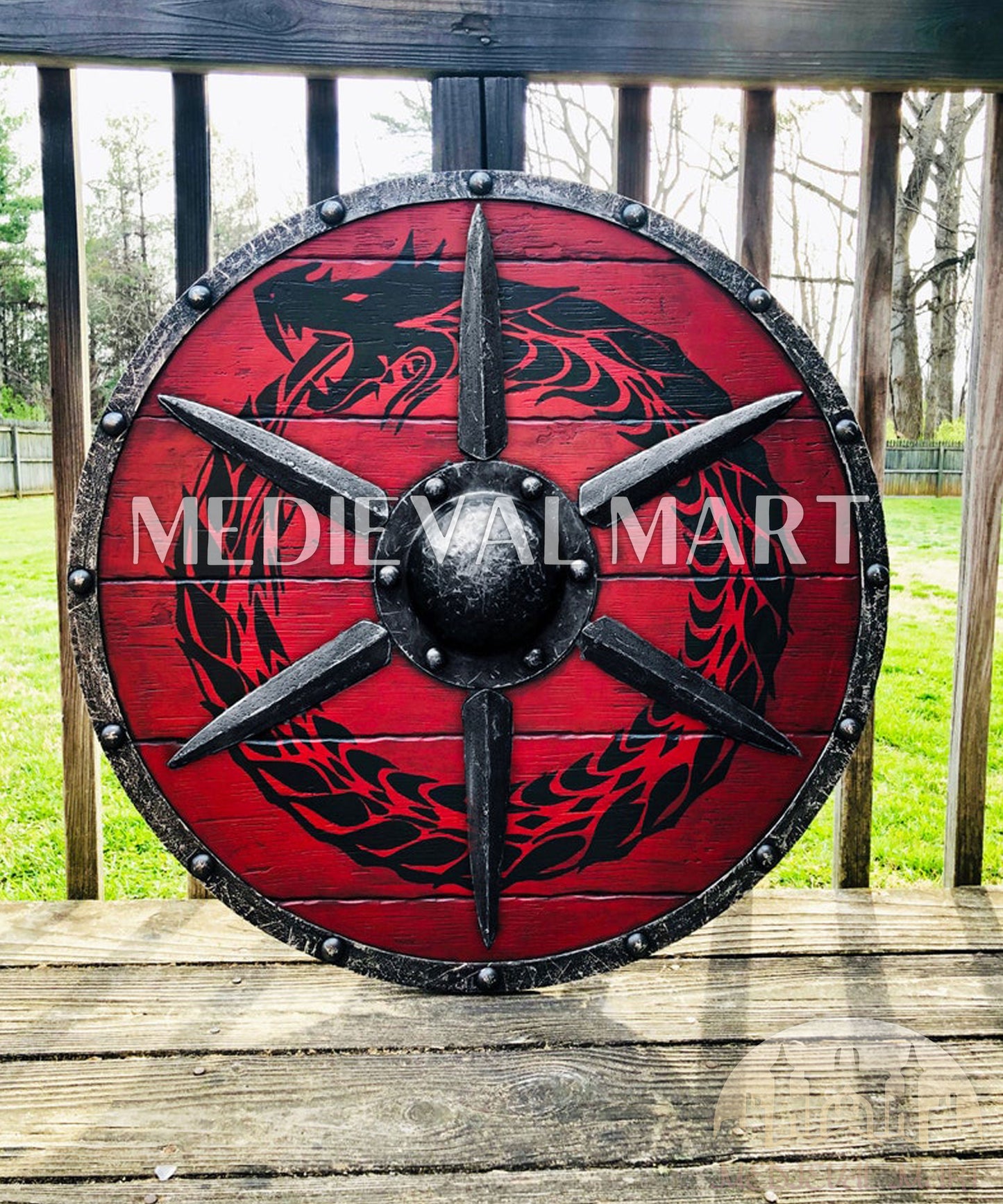 MEDIEVALMART Legendary Viking's RED Ouroboros Battleworn Iconic Viking Wooden Shield | Gifts For Dad