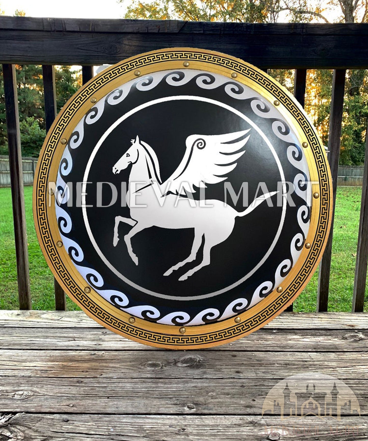 MEDIEVALMART Iconic Pegasus Ancient Greek Hoplite Battleworn Metal/Brass Shield | Gifts For Dad