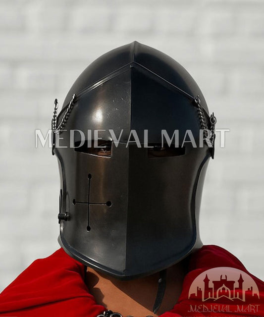 MEDIEVALMART Medieval Knight Armor 18g Mild Steel Black Barbuta Helmet for LARP or Cosplay - Gift For Dad
