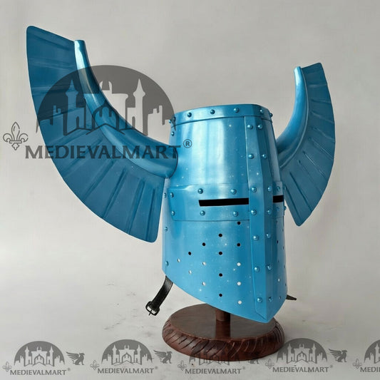 MEDIEVALMART Casque Ailé Médiéval Templier Guerrier Teutonique Finition Bleu Aqua avec Support Gratuit