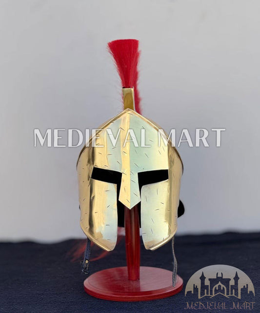 MEDIEVALMART "300" Spartan King Leonidas Shiny Brass Helmet W/H Free Stand | 300 Props