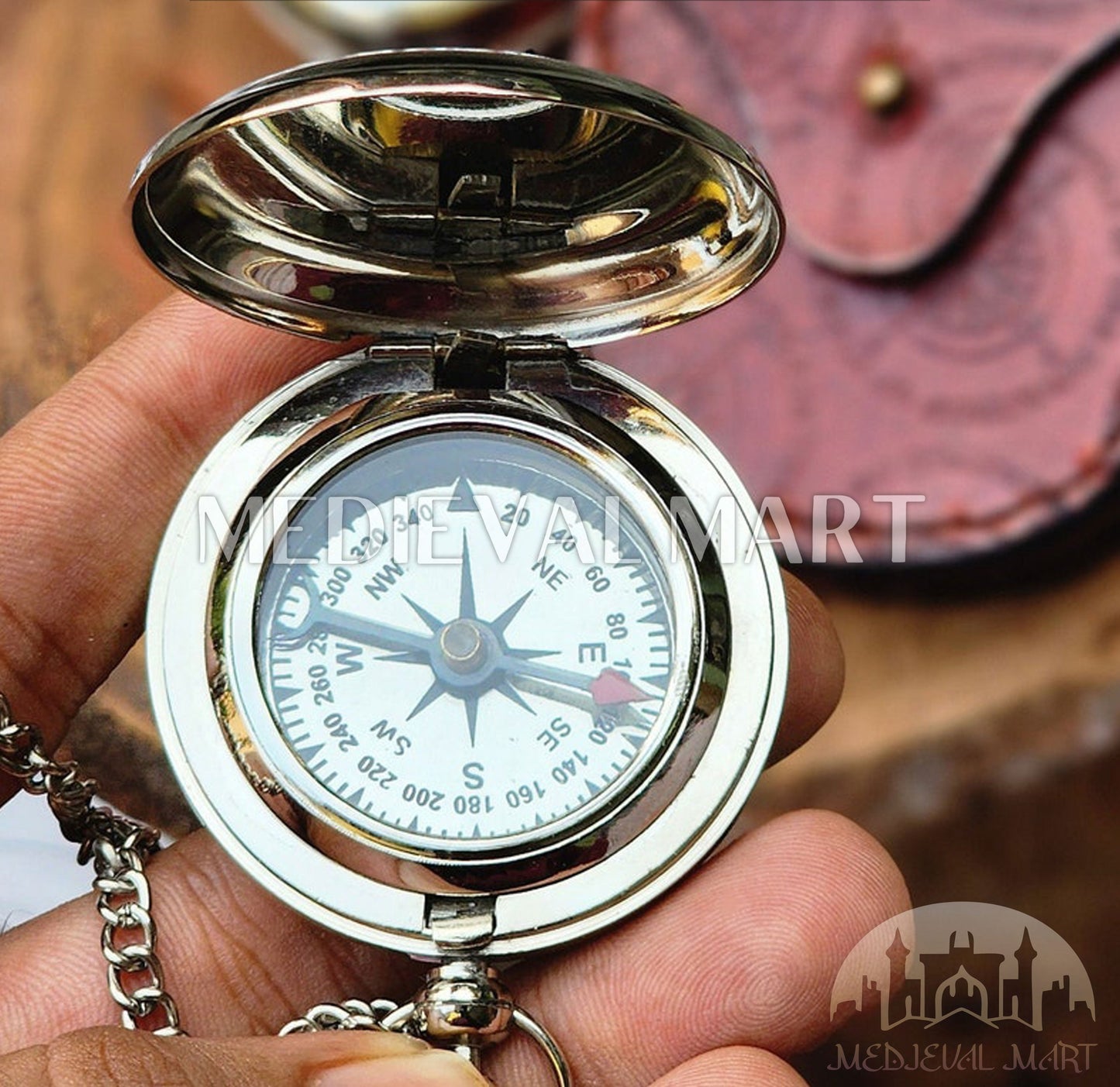 MEDIEVALMART Engraved Minimalist Marine Pocket Cute Compass Chrome Finish W/H Gen-2 Wooden Case | Gift For Her