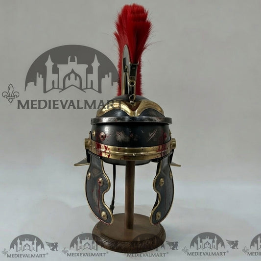 MEDIEVALMART Casque de Centurion Romain Gaullois Noir Endommagé avec Effet Sang Réplique Plume Rouge avec Support Offert