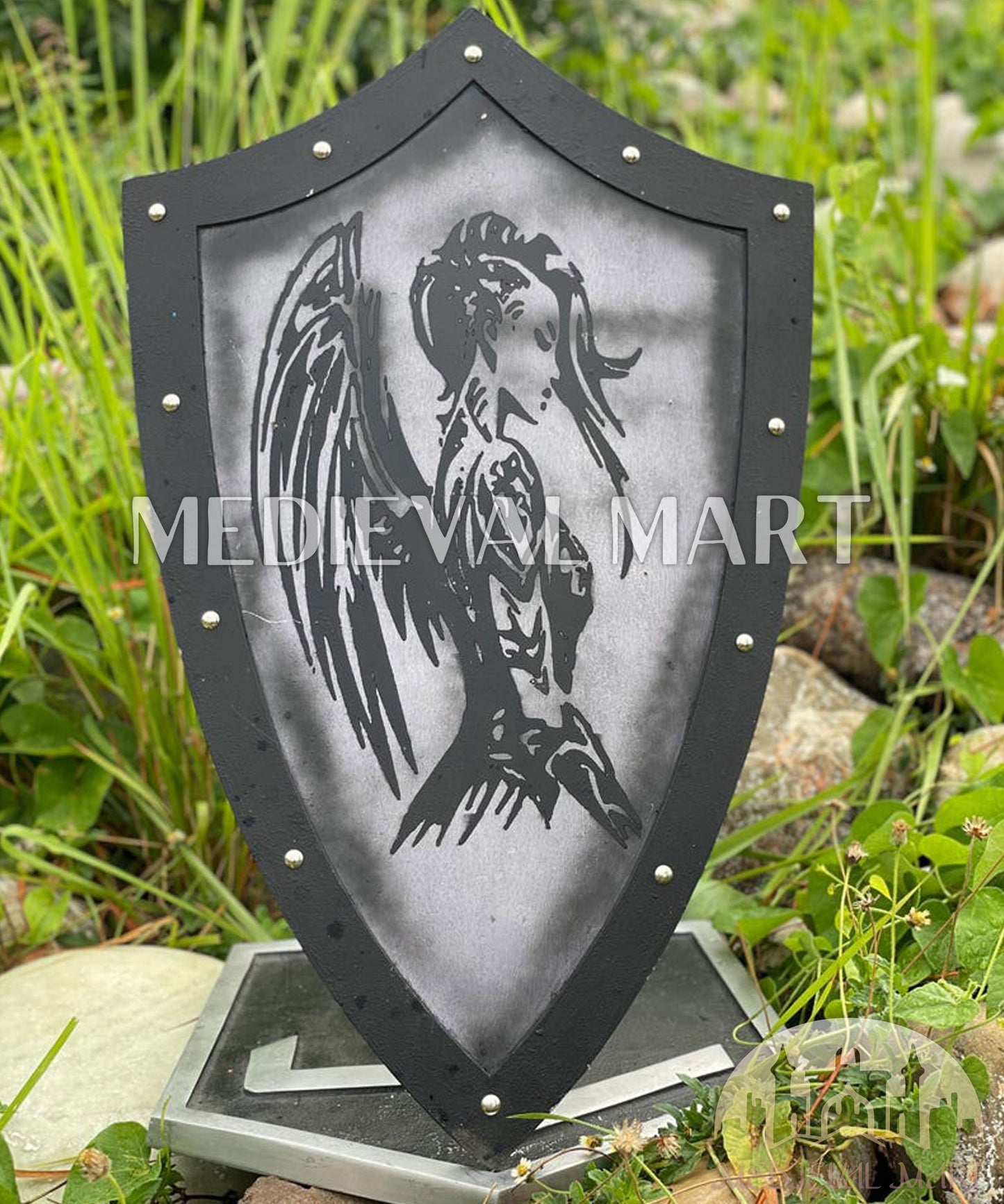 MEDIEVALMART Medieval Templar Devil Angel Inspired Wooden Shield Black & Siver Finish | Gift for Christmas Day