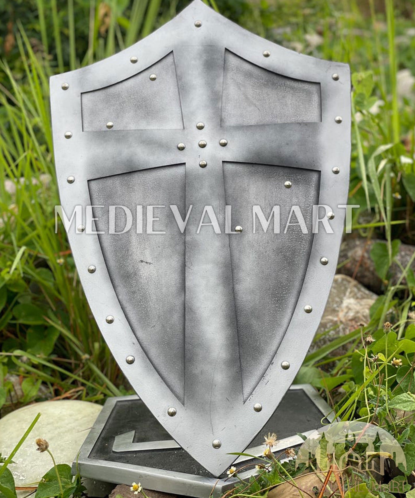 MEDIEVALMART Medieval Templar Salebi Cross Inspired Wooden Shield Black & Siver Finish | Gift for Christmas Day