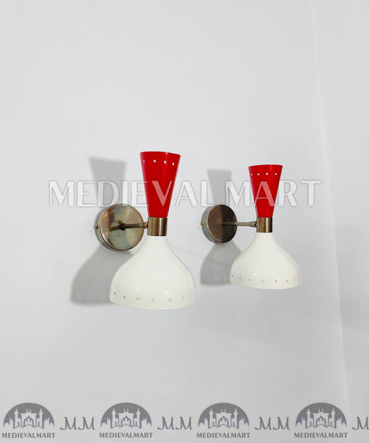 MEDIEVALMART Mid Century Brass Wall Sconce Pair: Italian Stilnovo Red & White Lamp