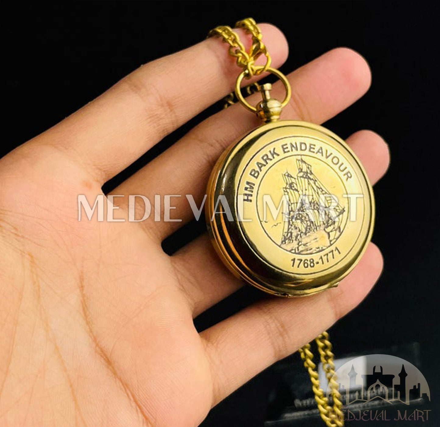 MEDIEVALMART Nautical Pirates Vintage Pocket Engrave Compass Locket Gold Finish W/H Leather Case | Gift For Her