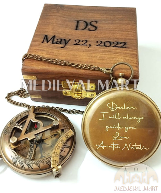 MEDIEVALMART Nautical Pirates Personalized Sun Clock Pocket Compass Gold Finish W/H Gen-1 Wooden Case | Gift For Him
