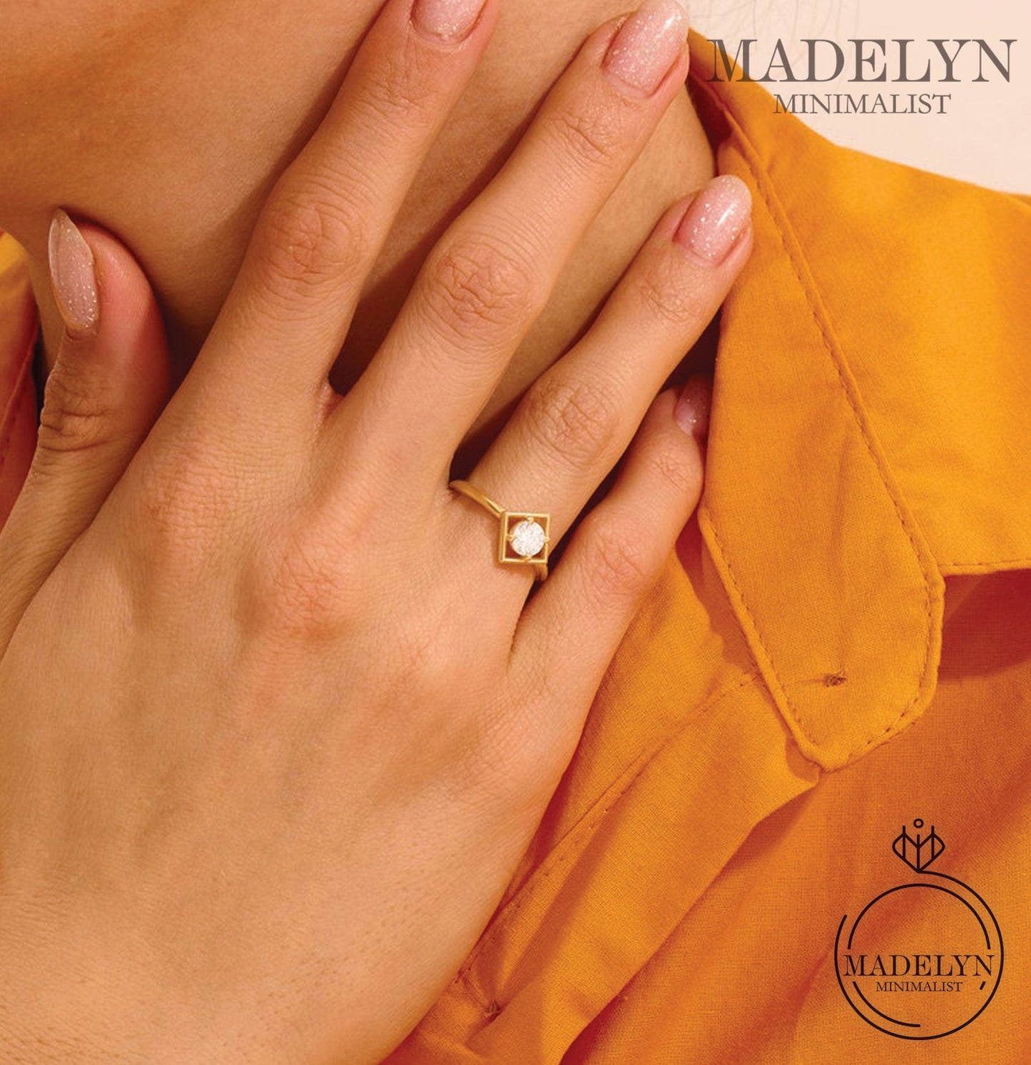 MADELYN MINIMALIST 14k Solid Gold Round Diamond Cz Ring, Dainty Square Shape Band Ideal for Everyday Wear | Gift for Her, Mom
