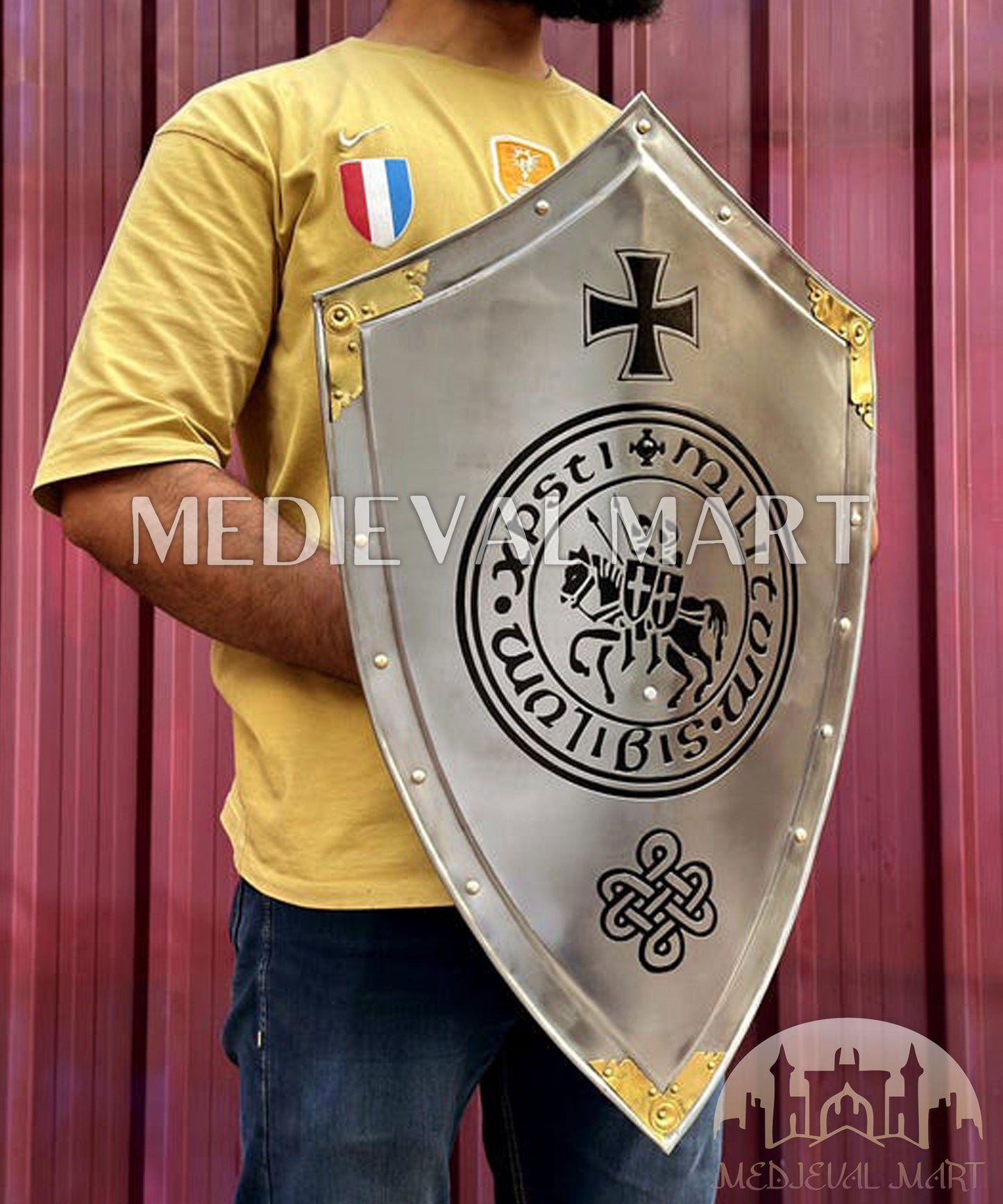 MEDIEVALMART Medieval Iconic Templar Knigh Curasder Cross Shield W/H Brass Touch | Gift for Dad