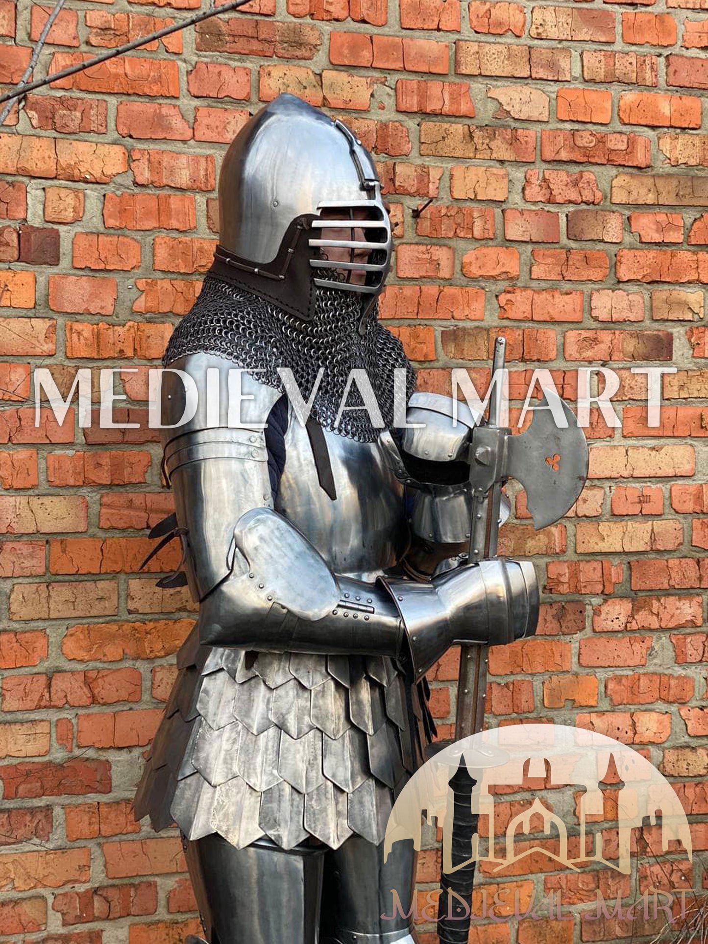 MEDIEVALMART 14th Century Knight Crusader-Era Transitional Plate Hybrid Armor W/H Wolf Ribs Bacinet & Pole Arms Hammer