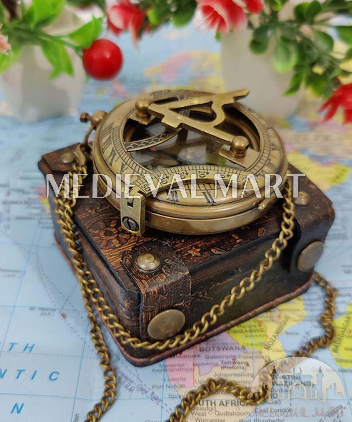 MEDIEVALMART Nautical Vintage Brass Sundial Pocket Compass Gold Finish W/H Gen-3 Pandora Case | Gift For Mom & Dad