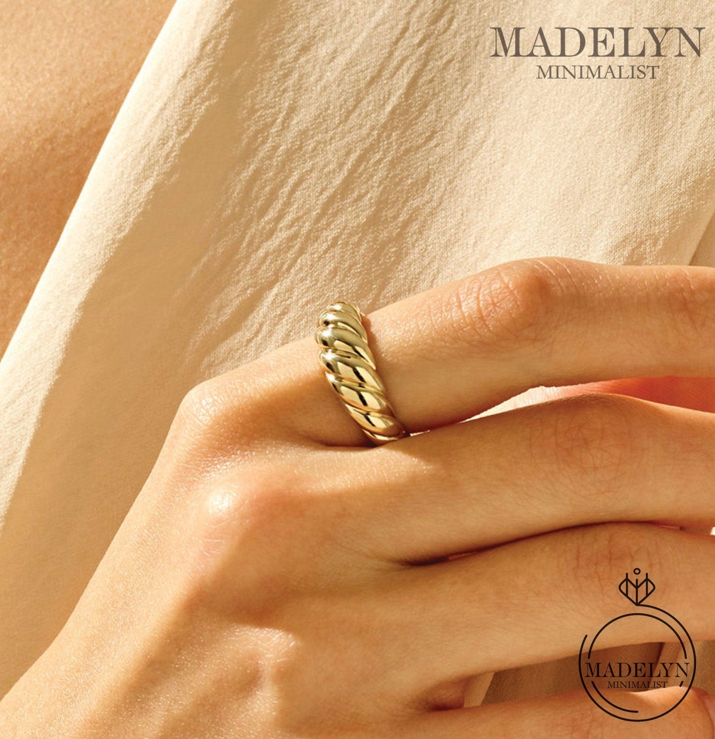 MADELYN MINIMALIST 14k Solid Gold Minimalist French Croissant Twisted Dome Ring | Gift for Mom