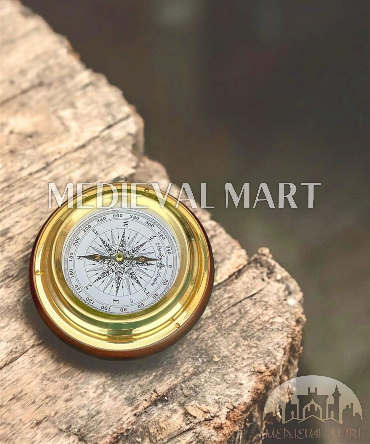 MEDIEVALMART Nautical Vintage Trip Gear Brass Compass Shiny Gold Finish W/H Wooden Base | Gift For Mom, Dad