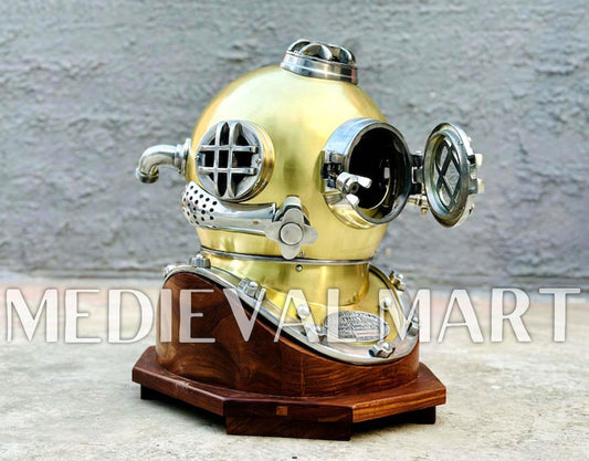MEDIEVALMART Golden Green Diving Helmet With Wooden Base