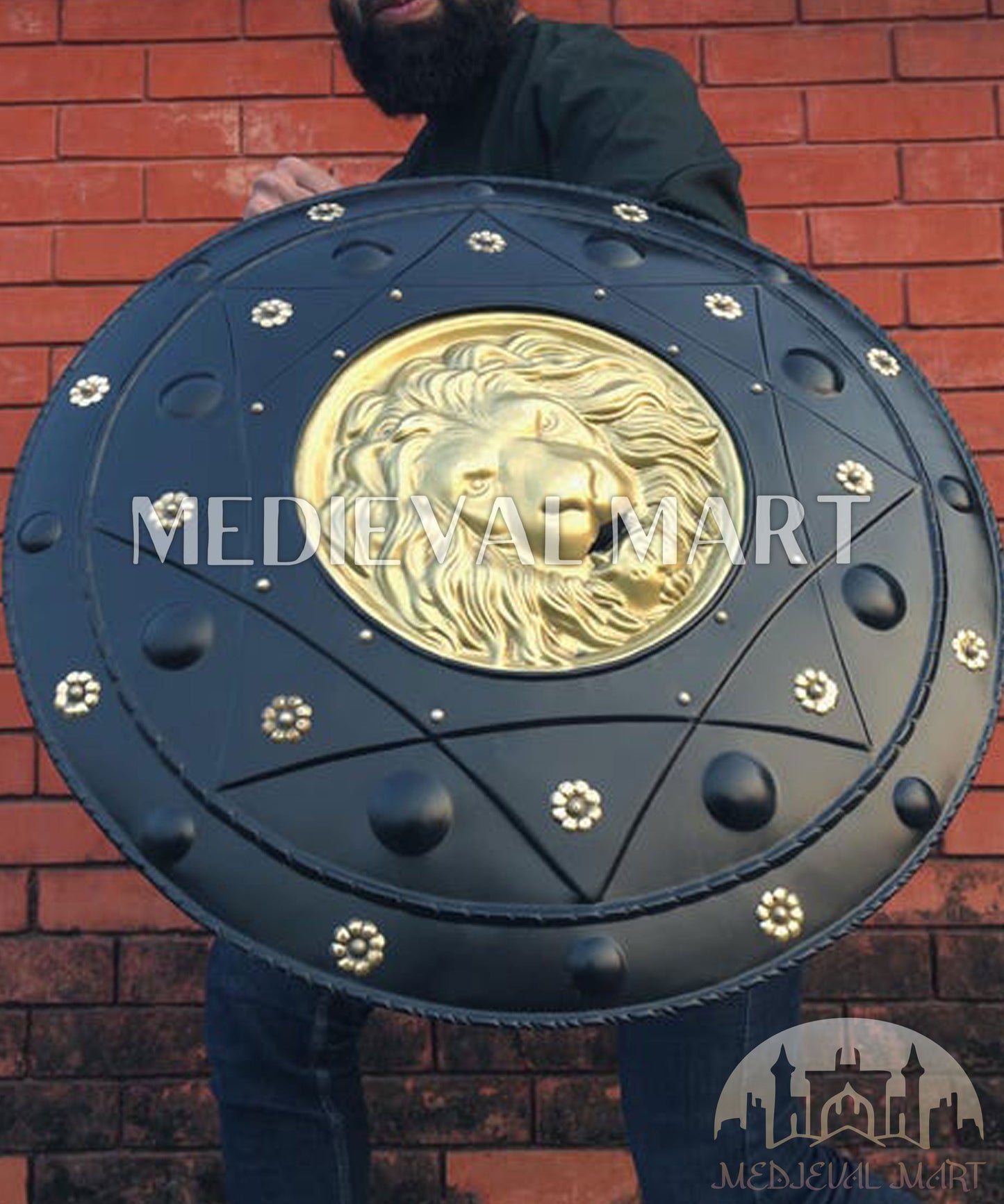 MEDIEVALMART Medieval Lion Face Spartan Shield W/H Black Finish | Gift For Dad