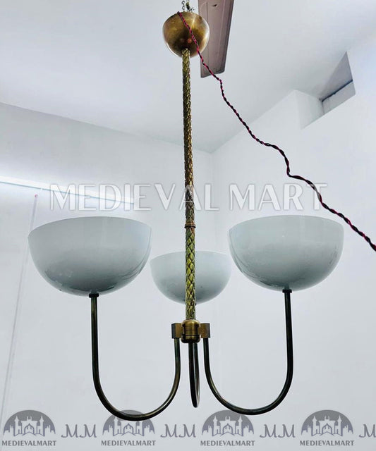 MEDIEVALMART Mid Century Modern Brass White Chandelier: 3-Light Dome Pendant