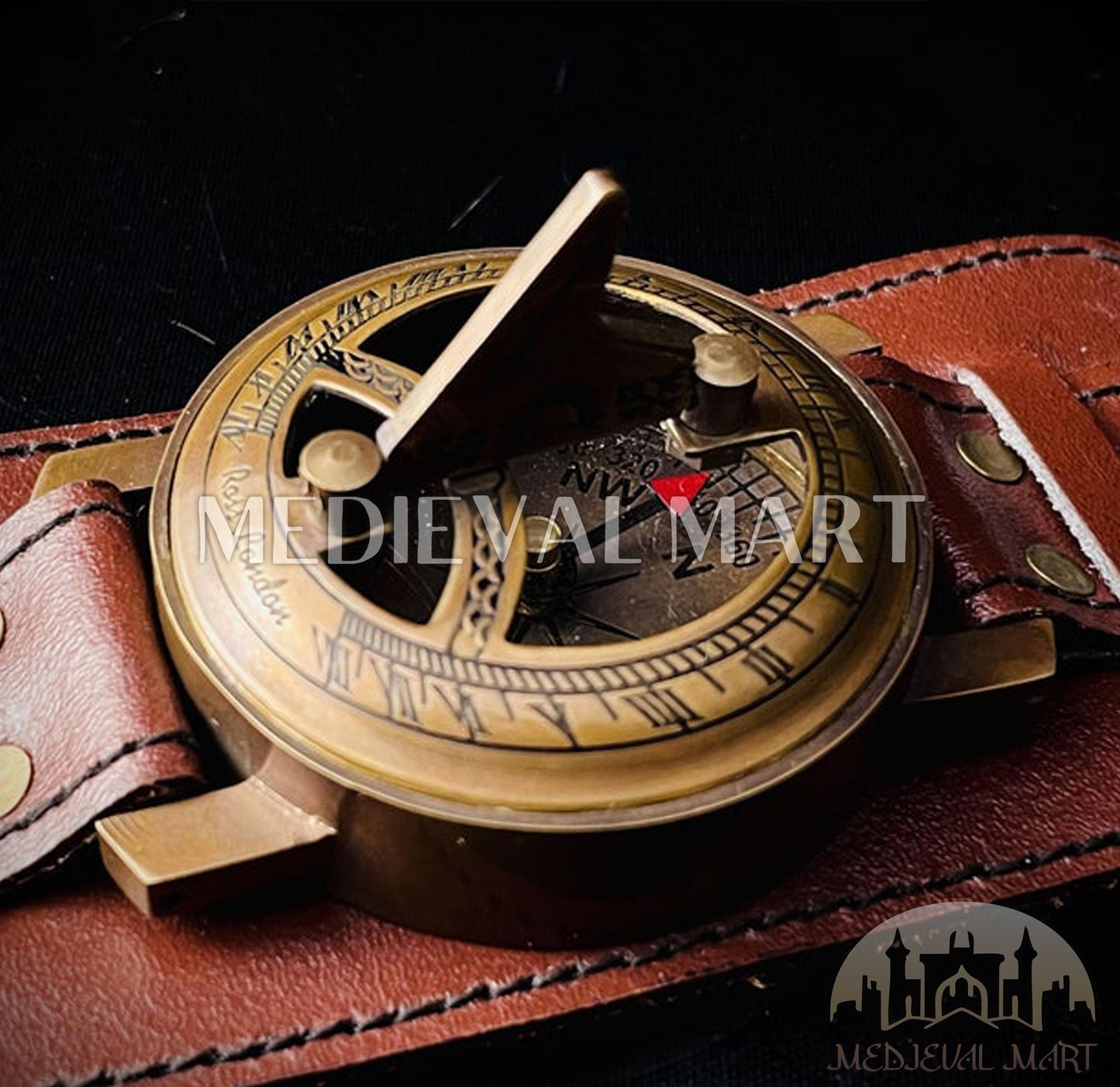 MEDIEVALMART Nautical Custom Engraved Sun Clock Compass Hand Watch Gold Finish W/H Leather Strap | Gift For Him