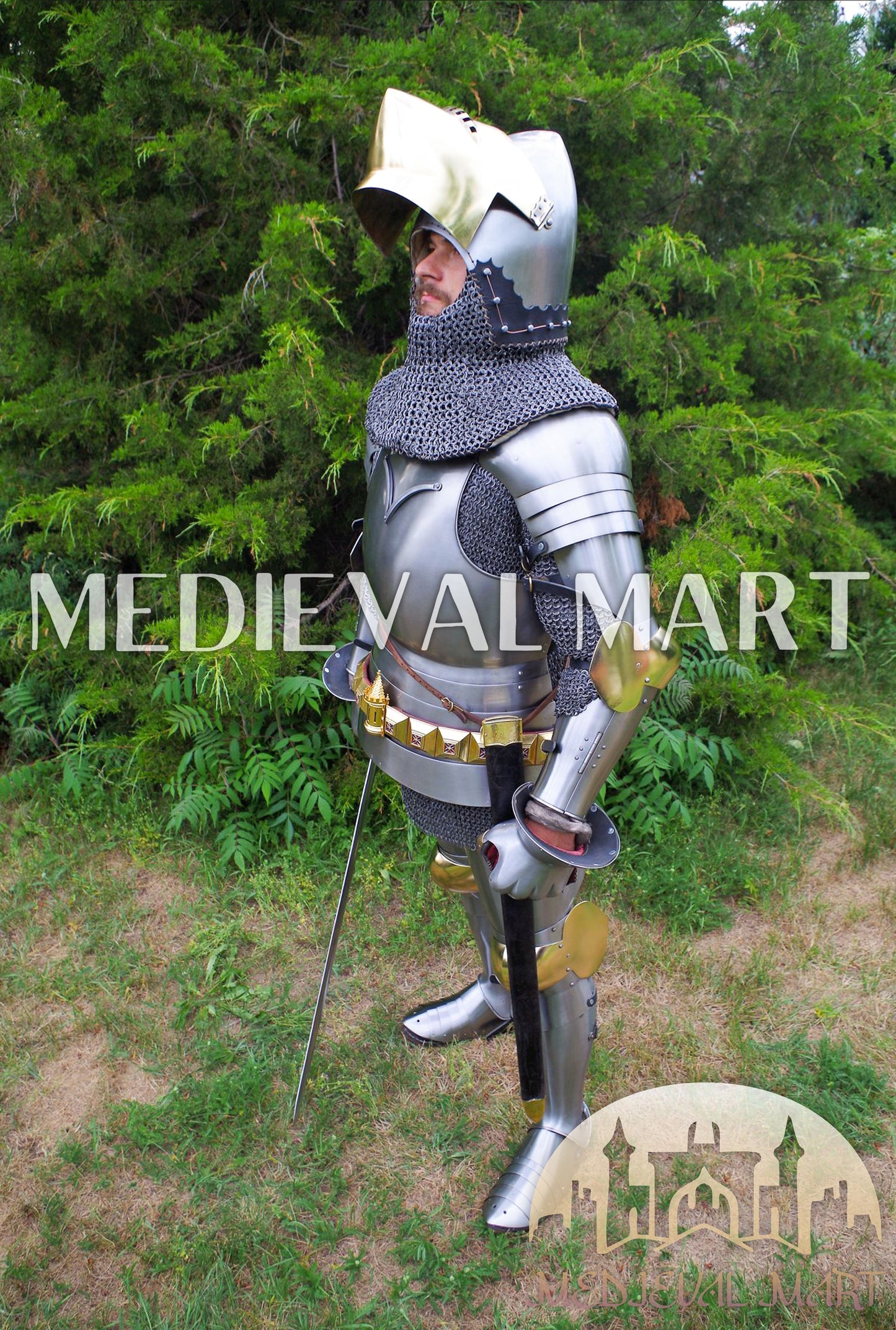 MEDIEVALMART Historical Knight Full Body Steel Armor Suit W/H Hundsgugel Helmet, Cuirass Stop Rib or Brass Touch