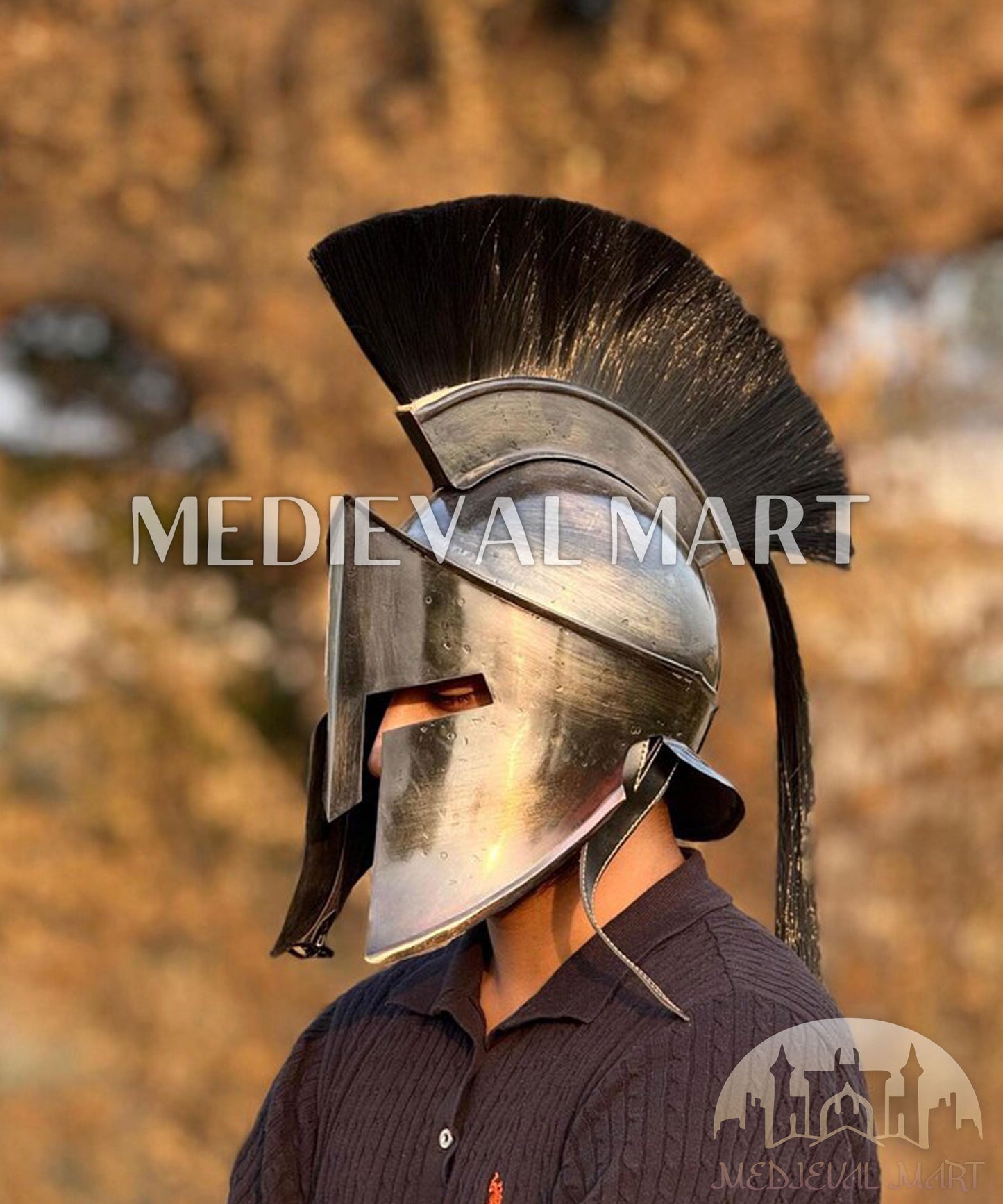 MEDIEVALMART "300" Movie King of Sparta Leonidas Silver Finish Helmet W/H Free Stand | 300 Props